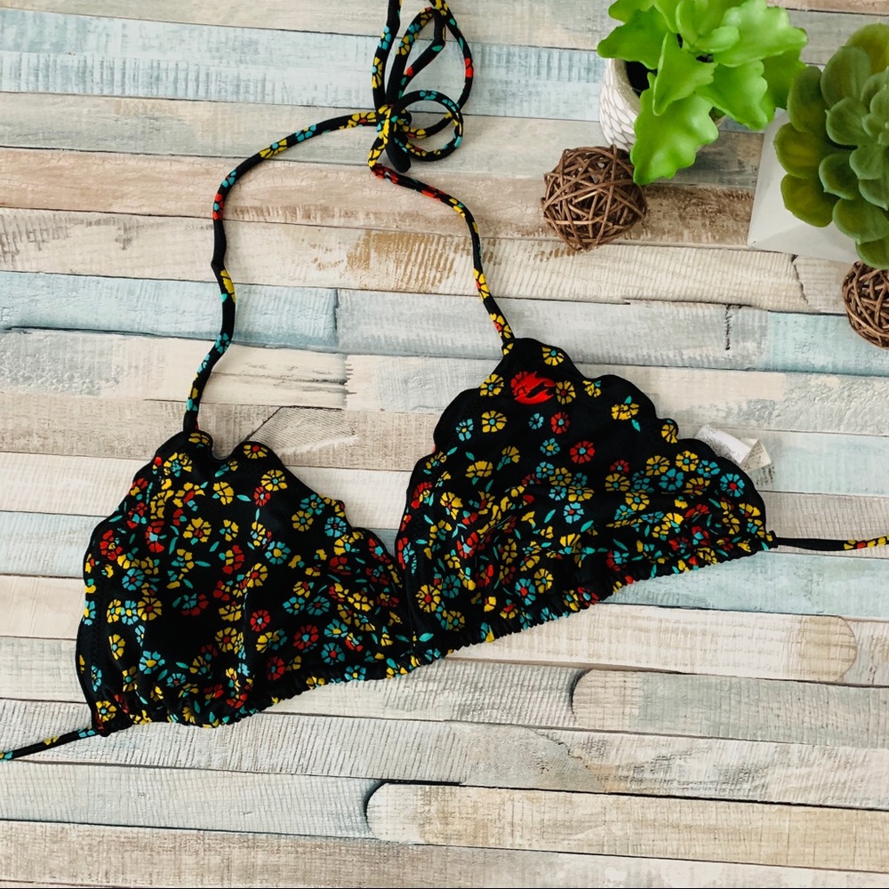 Billabong Black Floral Ruffle Triangle Bikini Top